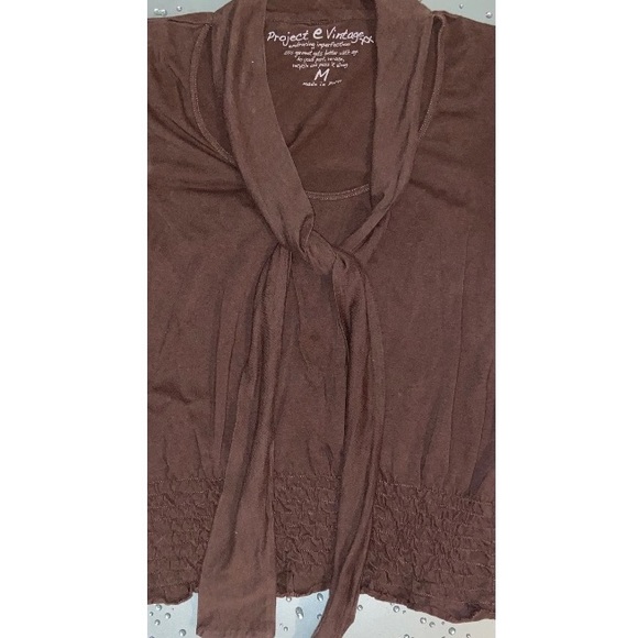 Project E Vintage Brown Short Sleeve Scarf Tie Style Blouse Top Medium - Picture 4 of 9